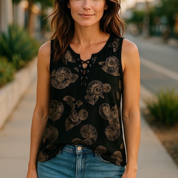 NWT White House Black Market WHBM Black Tan Sleeveless Top with Nautical Print - Picture 3 of 6